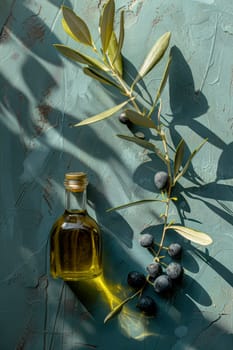 Olive oil, olives and olive branches. AI generative.