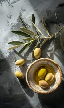 Olive oil, olives and olive branches. AI generative.