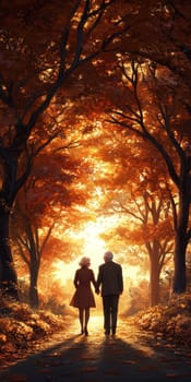 elderly couple is taking a walk in the country lane under the shade of trees. AI generative.