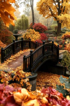 Red wooden bridge, autumn maple leaves. AI generative.