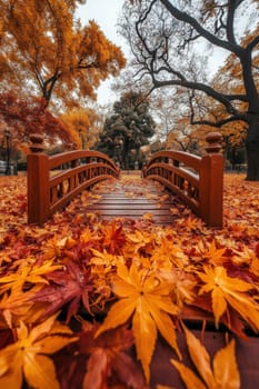 Red wooden bridge, autumn maple leaves. AI generative.