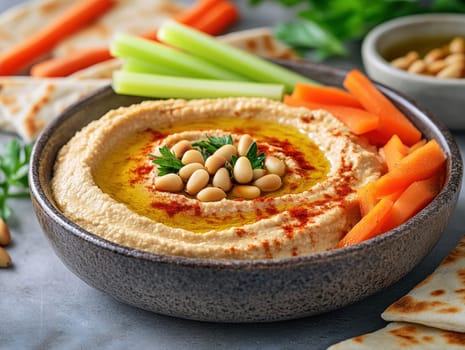 roasted garlic hummus served in bowl topped with paprika, flat parsely and roasted pine . AI generative.