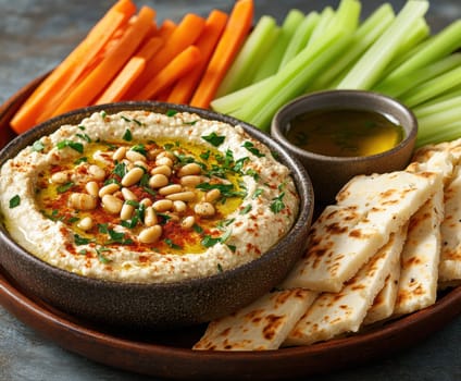 roasted garlic hummus served in bowl topped with paprika, flat parsely and roasted pine . AI generative.
