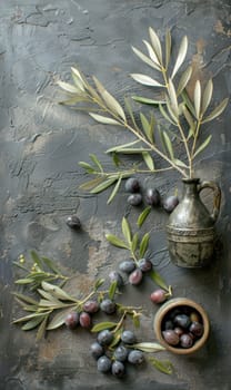 Olive oil, olives and olive branches. AI generative.