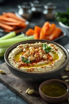 roasted garlic hummus served in bowl topped with paprika, flat parsely and roasted pine . AI generative.