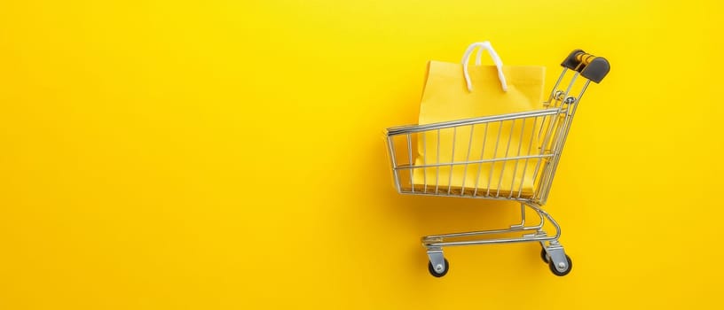 A shopping cart with a yellow bag on a bright yellow background, perfect for retail and sale concepts.