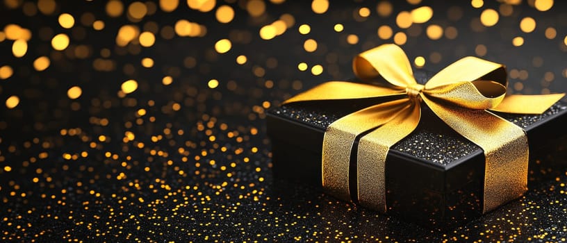 Elegant black gift box with shimmering gold ribbon against a dark background filled with golden bokeh lights, creating a luxurious and festive atmosphere.