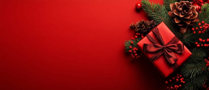 Festive Christmas gift box adorned with pinecones and berries on a red background, featuring copy space for seasonal messages.