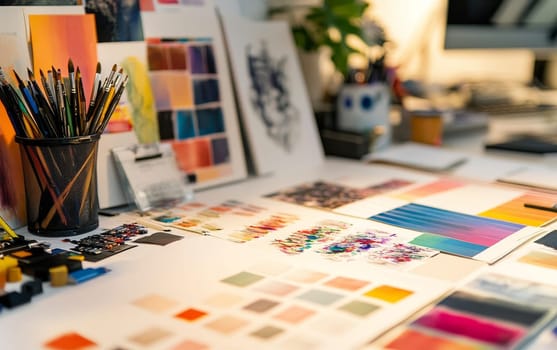 Creative workspace with art supplies, color swatches, and design tools spread across a desk, showcasing the vibrant world of graphic design.