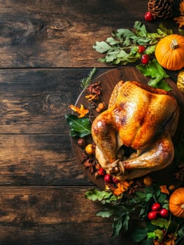 A whole roasted turkey on a wooden table, surrounded by autumn leaves and small pumpkins for a rustic feast.