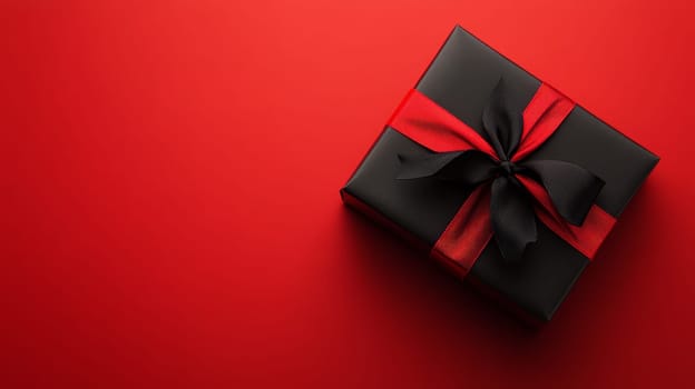 A striking black gift box with a red ribbon on a vivid red background, featuring ample copy space for text or design elements.
