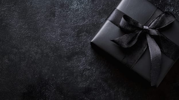 Elegant black gift box with satin ribbon bow on dark textured background, perfect for luxury or special occasion presents with copy space.