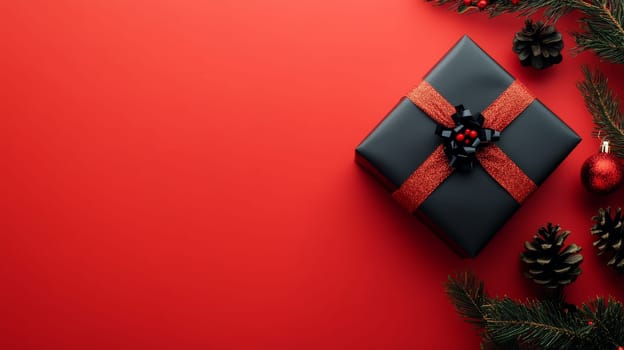Black gift box with red ribbon surrounded by pinecones and ornaments on a red background, perfect for holiday themes. Copy space included.