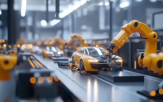 Futuristic car manufacturing plant with yellow robotic arms working on electric vehicles on assembly line, showcasing automated industry and technology.