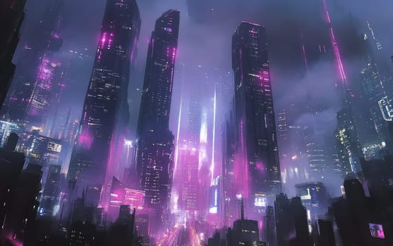 Breathtaking cyberpunk cityscape with towering skyscrapers illuminated by vibrant purple and blue neon lights, creating a futuristic urban atmosphere.