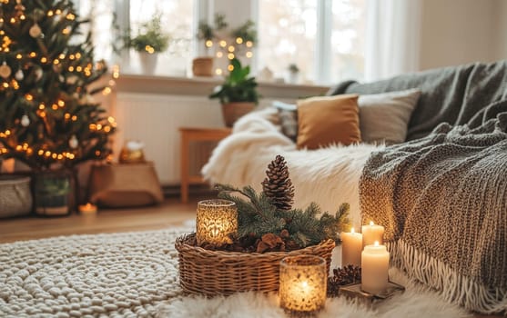 Warm and inviting living room with decorated Christmas tree, lit candles, and comfortable sofa, creating a festive and hygge atmosphere for holiday season.