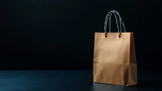 Single kraft paper shopping bag with twisted handles, positioned on a dark surface against a black background. Minimalist composition with ample space for text or design elements.