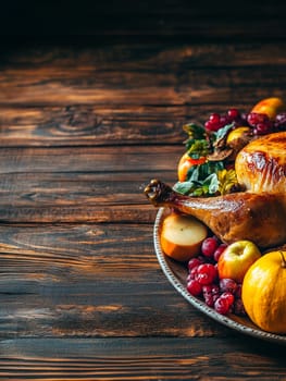 A roasted turkey on a wooden table garnished with fruits, embodying a classic Thanksgiving dinner setting.