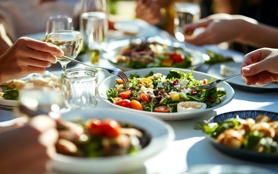 Colorful salad plates and wine glasses on table with hands reaching for food, depicting healthy eating, social gathering, and al fresco dining experience.