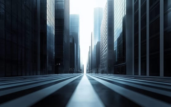 Striking minimalist cityscape with towering glass skyscrapers, creating a geometric urban landscape bathed in soft light.