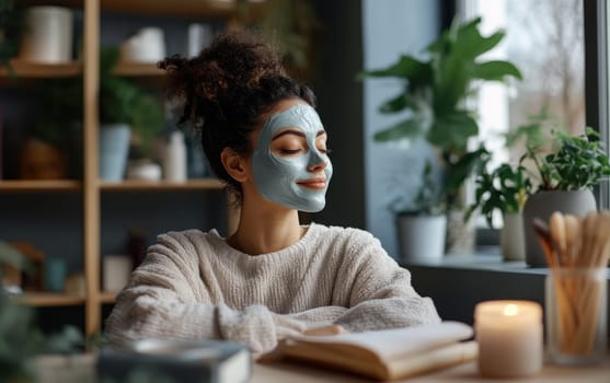 Young woman with curly hair applying clay face mask, relaxing at home surrounded by plants and candles, embodying wellness and skincare routine.