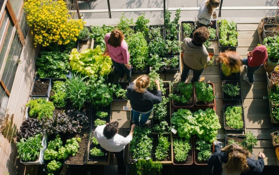 Aerial view of people tending to a lush rooftop garden with various plants and vegetables, showcasing urban agriculture and community engagement.