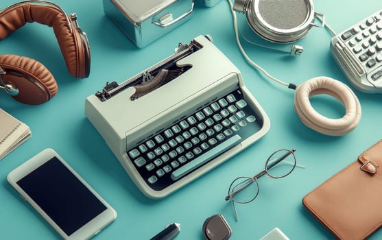 Vintage typewriter surrounded by various retro gadgets including headphones, calculator, and mobile phone, arranged on a vibrant turquoise background.