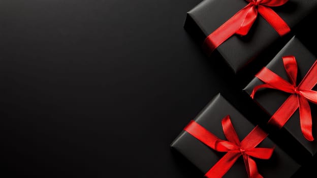Luxurious black gift boxes adorned with vibrant red ribbons, set against a dark background. Ample copy space for text, perfect for holiday or special occasion designs.