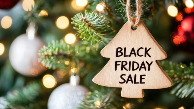 Close-up of a wooden Christmas tree-shaped ornament with Black Friday Sale text, hanging on a decorated evergreen tree with festive lights and baubles.