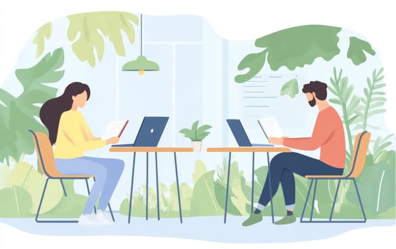 Two people working on laptops in a bright, plant-filled coworking space, showcasing modern eco-friendly office design and remote work lifestyle.