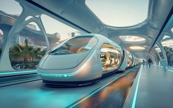 Sleek futuristic train at a modern city station with curved architecture, representing advanced public transportation and urban development.