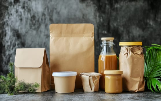 Assortment of sustainable food packaging including paper bags, glass bottles, and biodegradable containers, showcasing environmentally friendly product packaging.