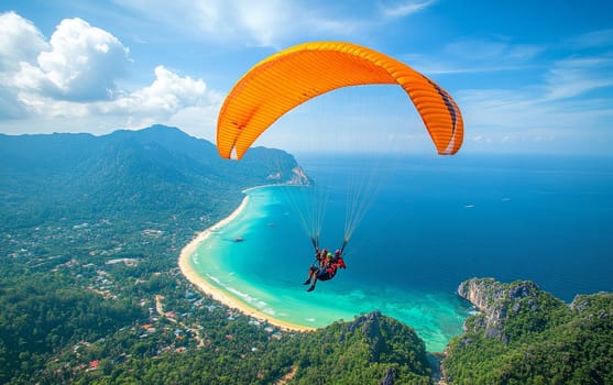 Tandem paragliders soaring over a stunning tropical coastline with turquoise waters, lush mountains, and a curved beach, showcasing extreme sports and natural beauty.