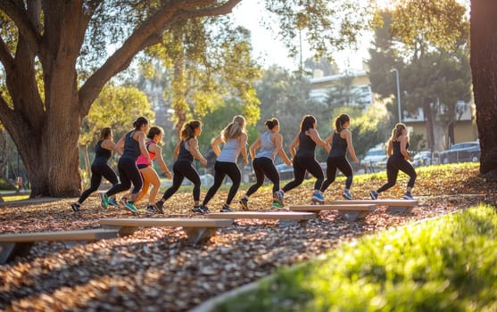 Women participating in an outdoor fitness class, exercising on wooden platforms under a large tree, with golden sunlight filtering through the leaves.