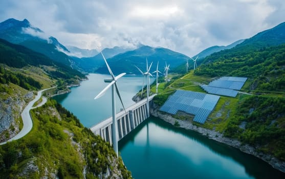 Aerial view of a stunning mountain landscape featuring wind turbines, solar panels, and a hydroelectric dam, showcasing sustainable energy sources in harmony with nature.