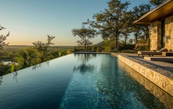 Elegant infinity pool overlooking a lush forest landscape at sunset, featuring a modern stone patio and loungers for ultimate relaxation.