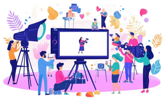Vibrant illustration of diverse film crew working on set with cameras, lighting, and equipment around a large monitor, showcasing collaborative filmmaking process.