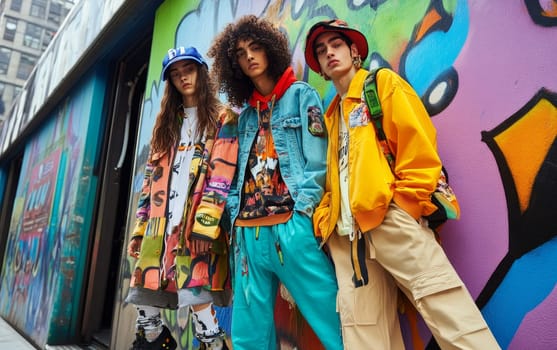 Three diverse young models in vibrant, eclectic streetwear posing against colorful graffiti wall, showcasing urban fashion trends and youth culture.
