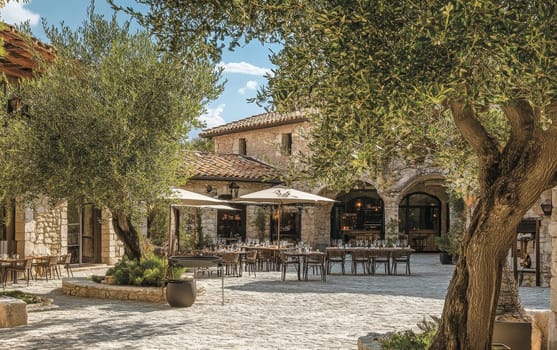 Charming outdoor dining area of a stone-built Mediterranean restaurant, surrounded by ancient olive trees, featuring tables set for alfresco meals under warm sunlight.