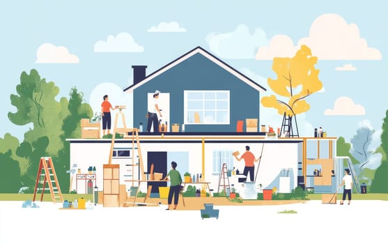Colorful illustration of people renovating a two-story house, painting, repairing, and landscaping, depicting DIY home improvement and teamwork.
