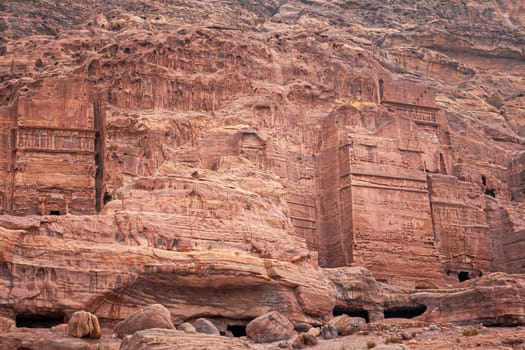 Ancient temples in Petra archaeological site.  Kingdom in Jordan. Horizontally.
