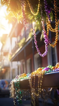 Confetti and Mardi Gras carnival decorations city street festival background. AI Generated content