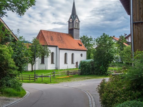 View of the small church of Saint Anthony of Padua and Wendelin in Faistenoy near Oy Mittelberg in the Bavarian Ostallgäu.