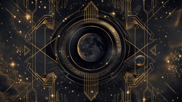 Abstract celestial design with planets, moon phases and stars in dark gold tones, AI Generated