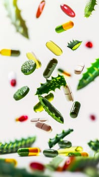 Aloe vera leaves and various capsules on white background, AI Generated