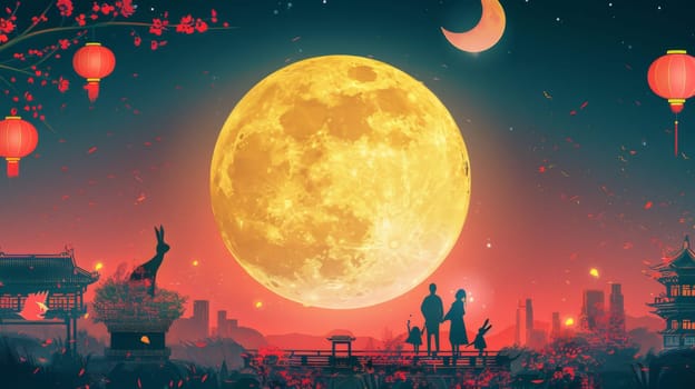 Full moon night scene with silhouettes of people and bunny, AI Generated