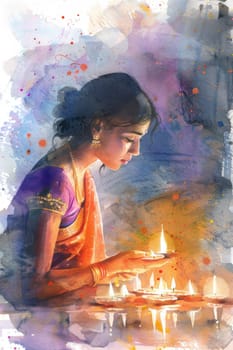 Young woman holding lit oil lamp diya during Diwali celebration, AI generated