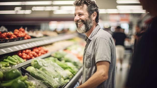 Senior man shopping for groceries in supermarket, background, AI Generated