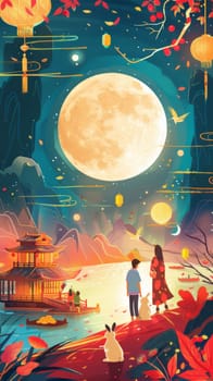 Full moon night scene with silhouettes of people and bunny, AI Generated