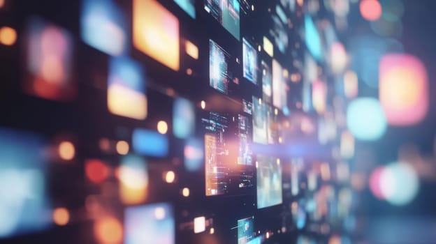 Multicolored digital wall with glowing light effects in a bokeh style, background, AI Generated